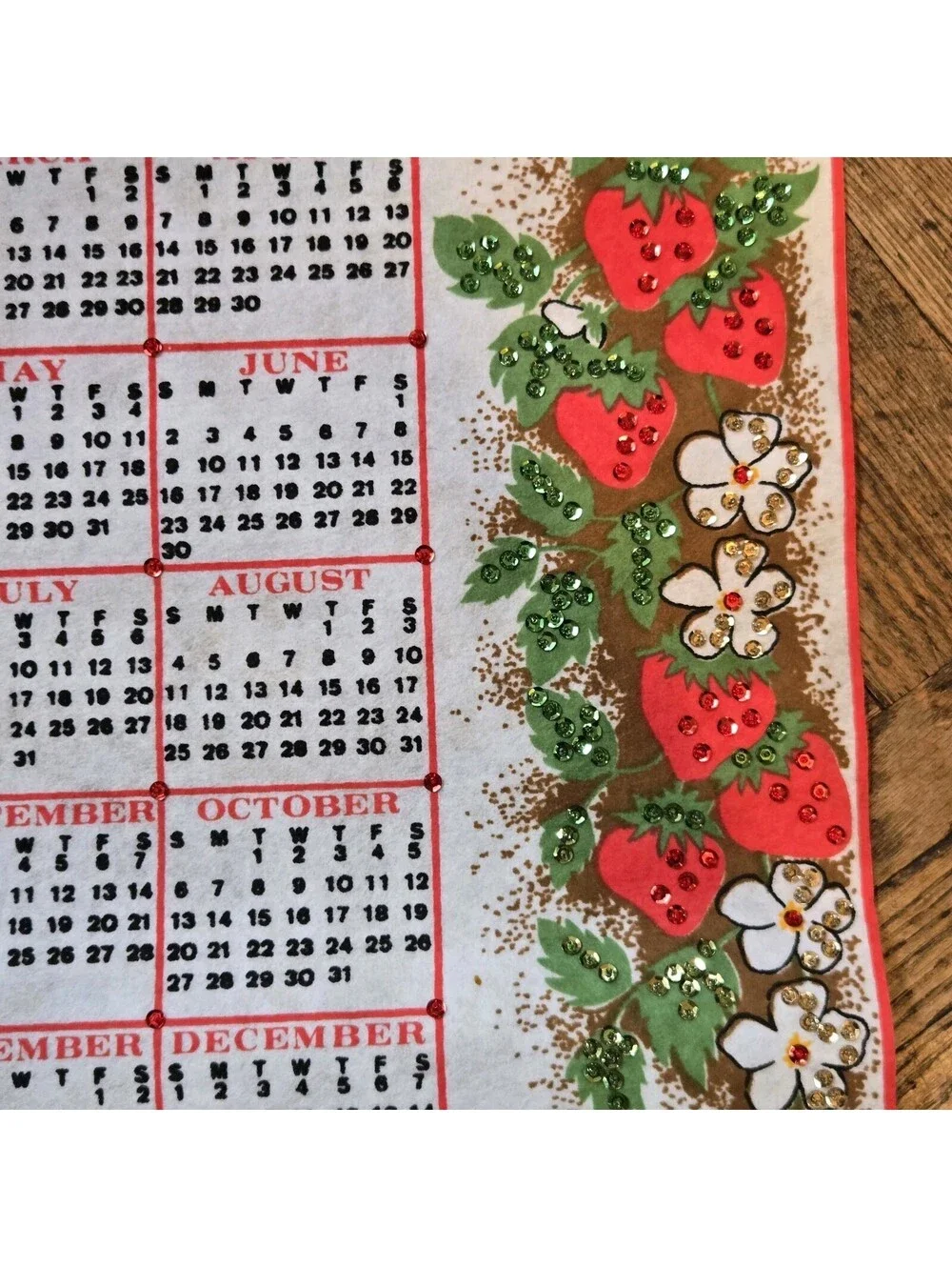 Vintage 1985 Felt Calendar Strawberry Kitchen Cottagecore Grannycore 24x12